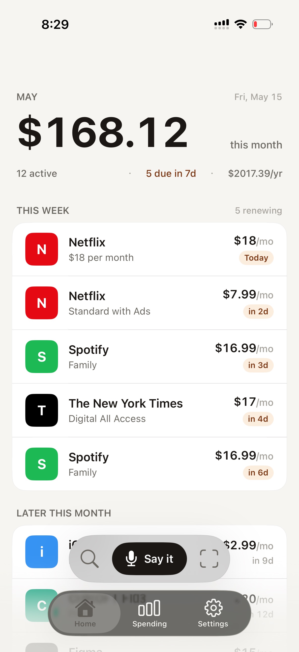 SayDue iPhone app home screen showing monthly recurring spend and upcoming subscription renewals